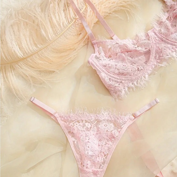 Gigi Angelic Pink Lace Sexy Lingerie Matching Semi Sheer Bra + Panty Thong Set - Picture 5 of 5